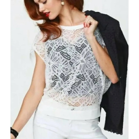 Cabi Sienna sheer lace short sleeve blouse white medium - Picture 2 of 8